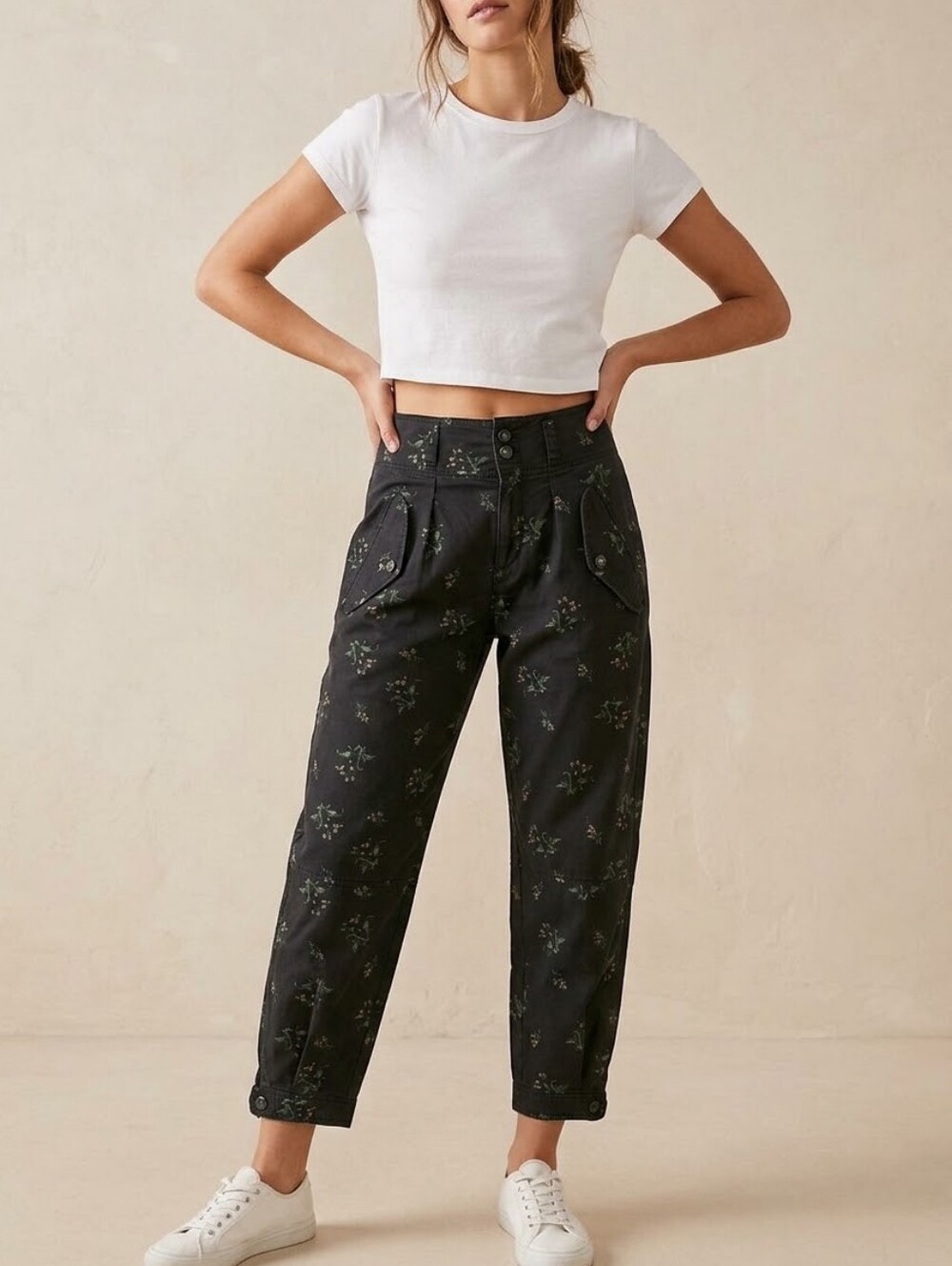 LA VIE Rebecca Taylor Floral Utility Pants Black High Rise Cargo Ankle Tab 24